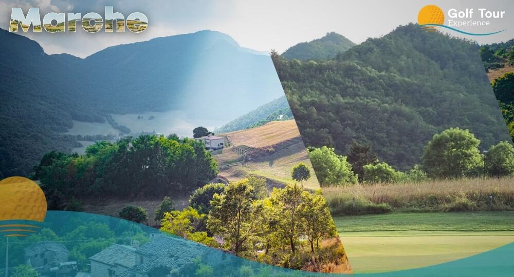 Marche panorama e campo da golf con verde e montagne circostanti