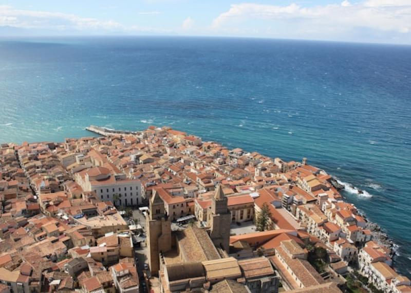 Aerial view of Palermo with coastline in the background