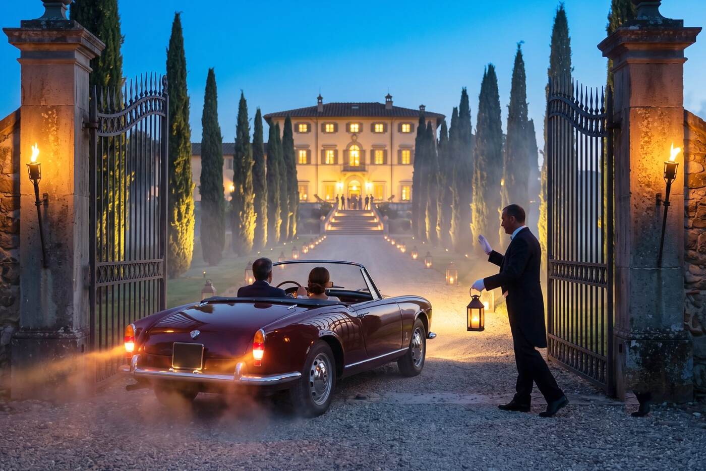 Arrival by vintage car at the lit gate of a private Italian villa, butler welcoming guests — First Class Collection luxury golf travel